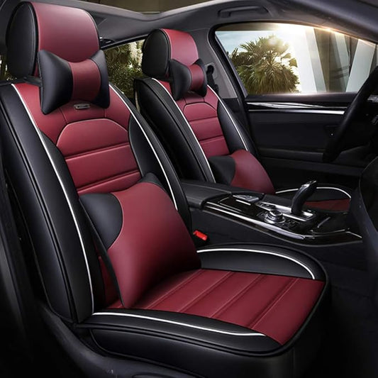 otoez Car Seat Covers Full Set, Leather Seat Covers for Car, 5 Seat Waterproof Automotive Front and Rear Seat Cushion Protector Fit for Most Car Sedan Truck (with Pillows, Red)