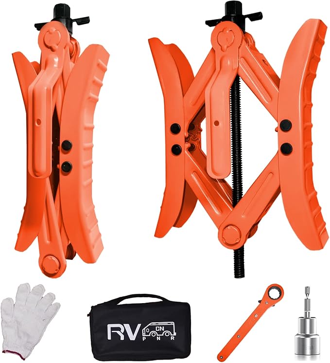 RV Wheel Chock Stabilizers,Camper Heavy Duty Tire Chock Stabilizers,Travel Trailers Wheel Chock Scissor 2 Sets with Ratchet,hex Socket,Gloves (RED)