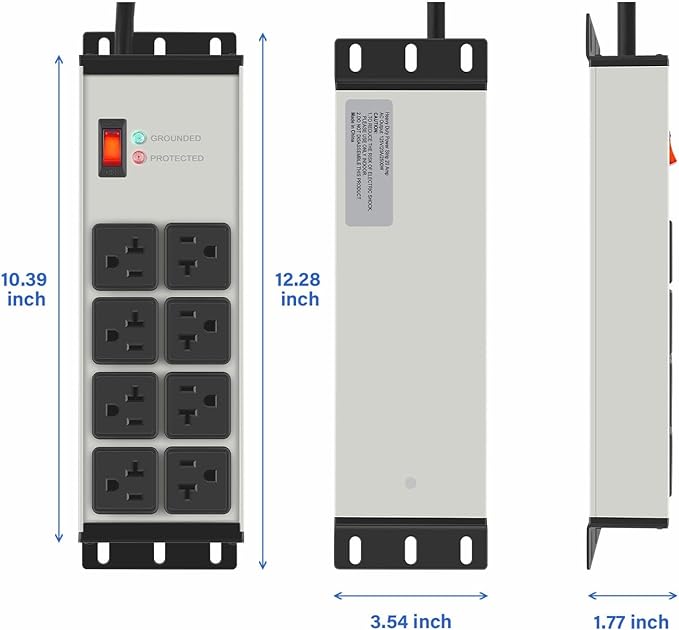 CCCEI Heavy Duty Power Strip Surge Protector 20 AMP, 8 Outlets 12 Gauge Industrial Shop Garage Metal Multiple Outlets, 6 FT Extension Cord 5-15P Adapter High Amp 6-20R T-Slot 20a for Appliance