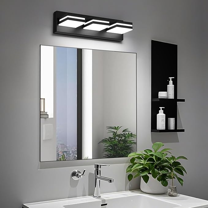 Modern LED Small Bathroom Lights Fixtures(3-Light),Metal Black Acrylic Wall Lighting,Vanity Lights for Bathroom Over Mirror(6000K 16in)