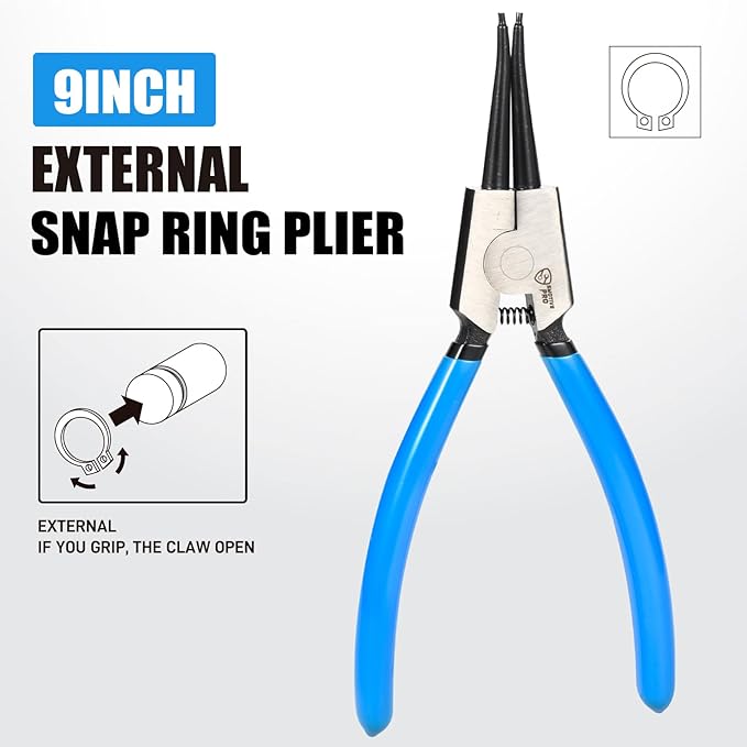 9 Inch Heavy Duty External Snap Ring Pliers – Precision Circlip Removal Tool, CR-V Steel Jaw with Anti-Slip Handle