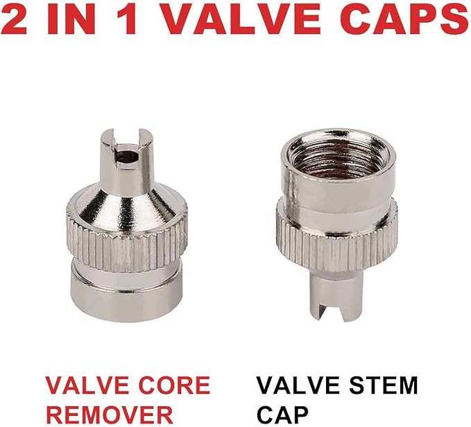 Hromee Tire Valve Stem Tool Puller and Installer Kit, 4PCS TR413 Tubeless Snap-in Valve Stem with Valve Stem Cores, Single Head Valve Core Remover and Slotted-Head Valve Cap