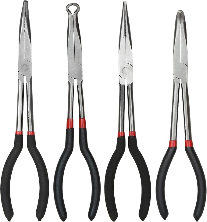 Long Needle Nose Pliers Set - 4 in 1 Bent Needle Nose Pliers 90 Degree - 11 inch Spark Plug Wire Removal Tool for Wire Bending,Shaping,Trimming
