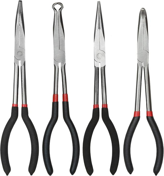 Long Needle Nose Pliers Set - 4 in 1 Bent Needle Nose Pliers 90 Degree - 11 inch Spark Plug Wire Removal Tool for Wire Bending,Shaping,Trimming