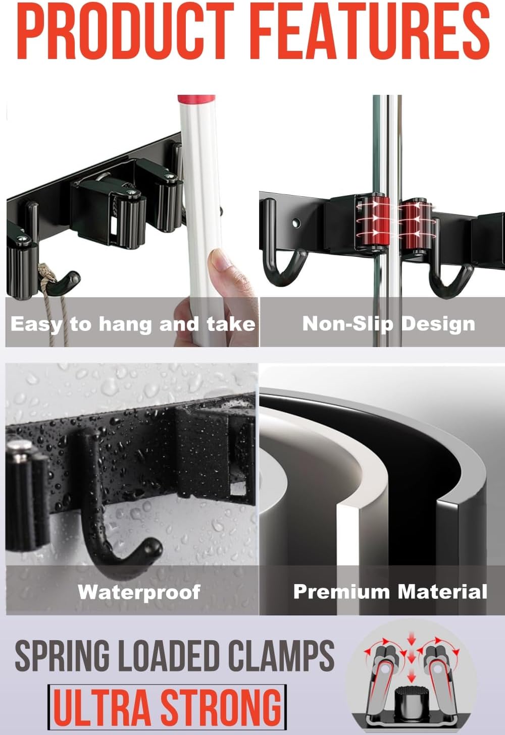 Mop and Broom Holder Wall Mount, Upgraded Broom Hanger Wall Mount, Stainless Steel Broom Organizer for Closet Garage Laundry Room Kitchen Wall Decor(4Racks 5Hooks Black)