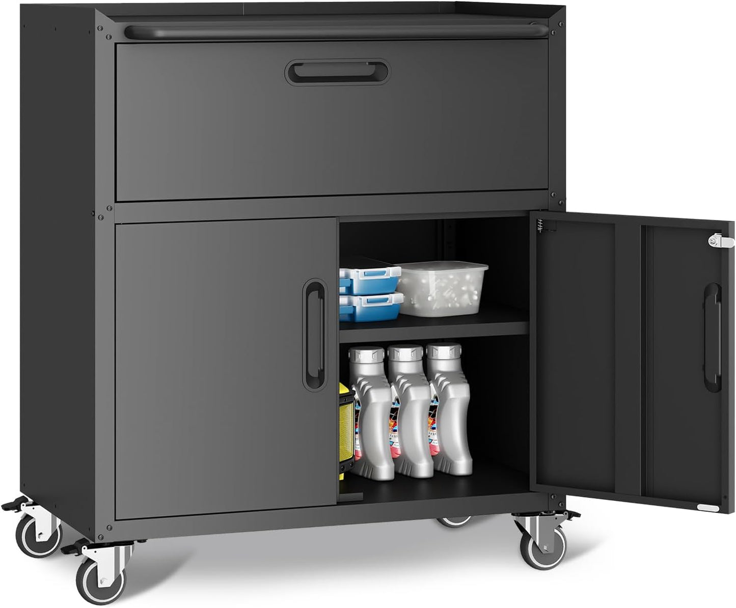 Metal Garage Storage Cabinet with Wheels,Locking Rolling Tool Cabinet with Drawers and Shelves for Home, Office, Garage & Workshop