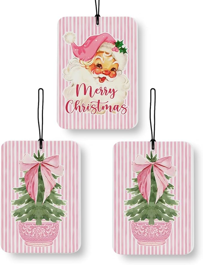 Pink Christmas Tree Santa Car Decor,Christmas Air Freshener 3 Pcs, Coquette Santa Claus Chinoiserie Air Freshener Hanging Decor for Cars Closet Drawer Books Accessories Gifts