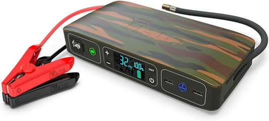 HALO Bolt Air 58830 Portable Car Battery Jump Starter | 100 PSI Air Compressor, 58.8Wh USB Power Bank, Emergency Floodlight & Charger, Jumps Cars SUVs & Trucks, Inflates Tires, TSA Approved — Camo
