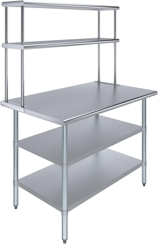 Amgood Stainless Steel Work Table with 2 Shelves | 30" x 48" Table with 2 Shelves + 12" Overshelf