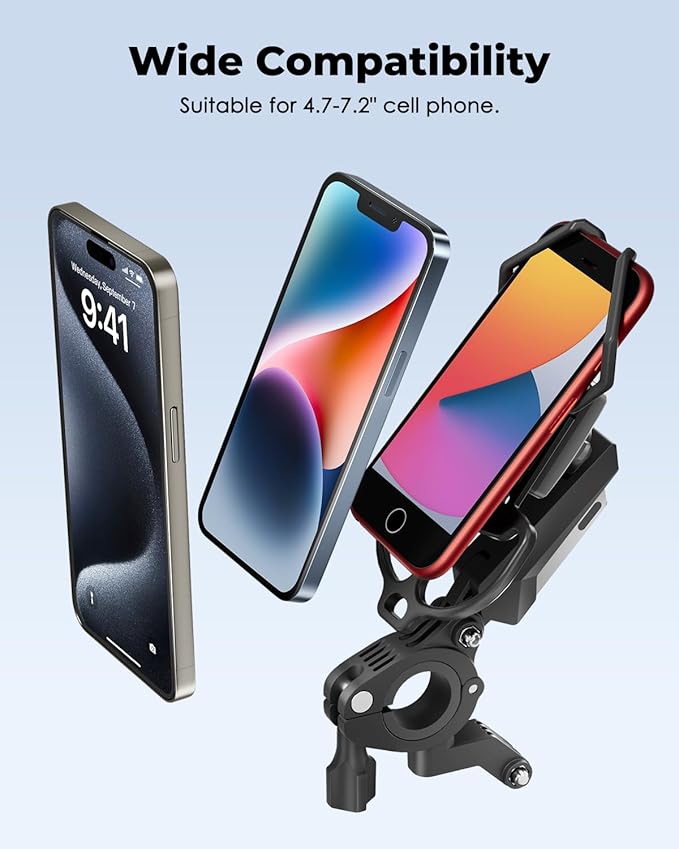 Viozon Bike Phone Holder - Motorcycle Phone Mount, Compatible for 4.7-7.2" Phones, Quick Lock, Shock-Absorbing Spring Arm, 360-Degree Rotation, for Mountain, Dirt, E-Bikes