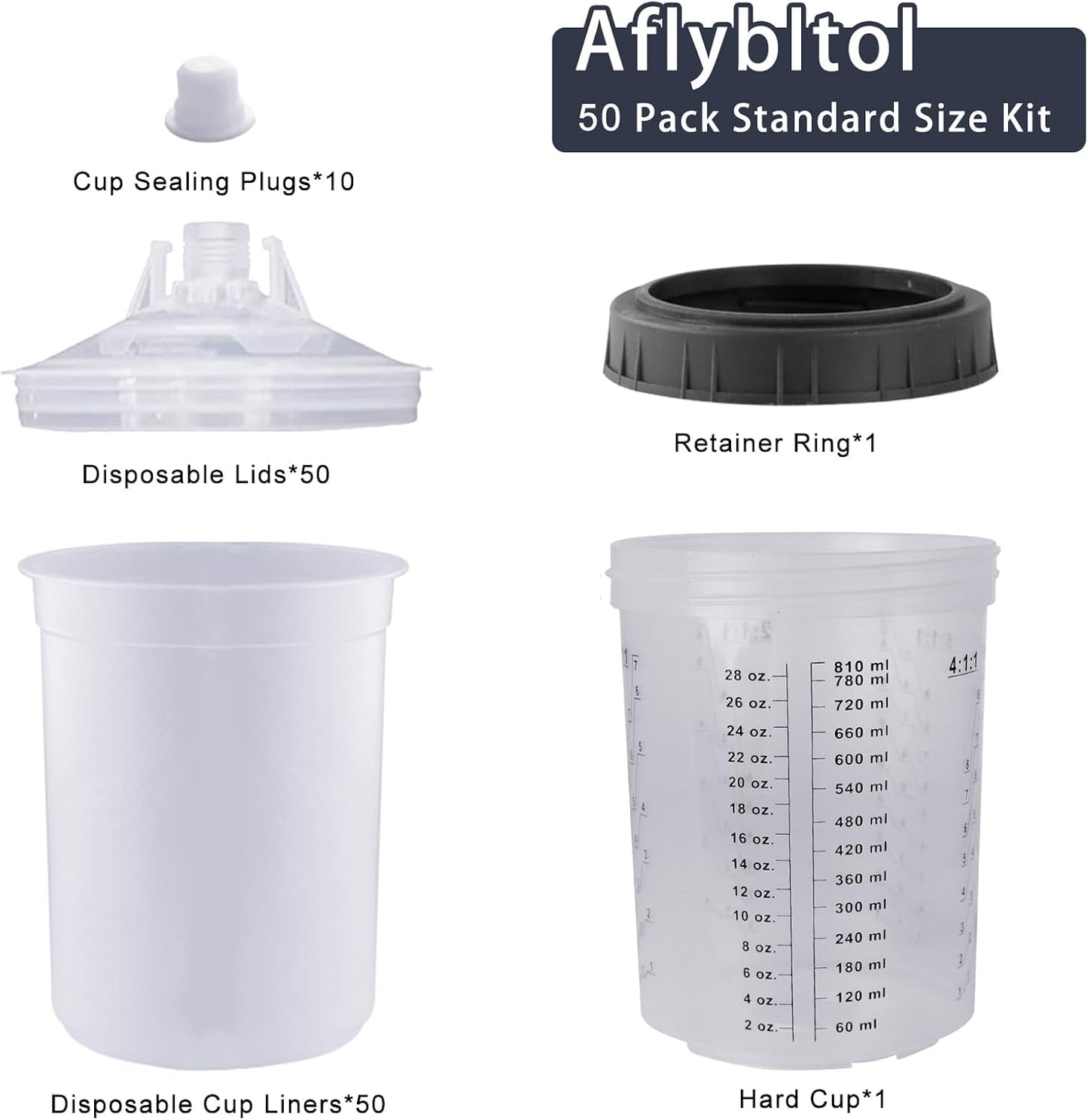Disposable Paint Sprayer Mixing Cup for Automotive Paint Gun, HVLP Paint Spray Paint Gun 6 Ounce (160ml) Kit with 50 Cups and Lids System, 1 Hard Cup with Retainer Ring and 10 Plugs