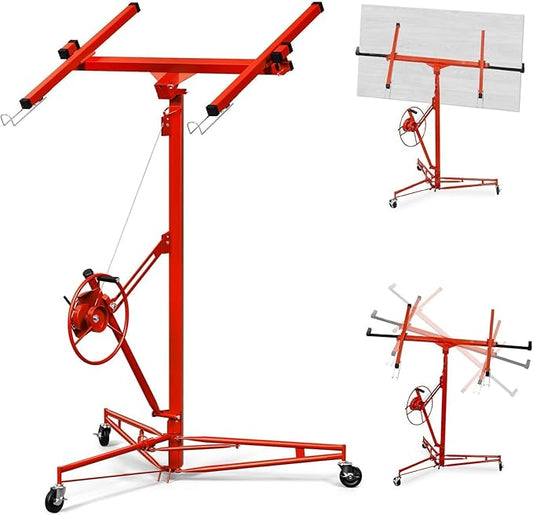 16FT Drywall Lift Sheetrock Lift, 150LBS Capacity, Drywall Lift Panel Hoist with Telescopic Arm, Drywall Jack Lift with 3 Lockable Wheels for Home Improvement Classic, 4'x16' Panel Size, Red