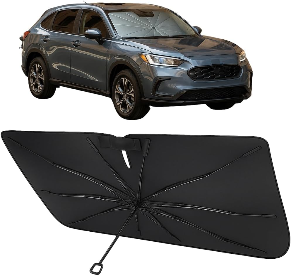 Proadsy Windshield Sun Shade Umbrella for Honda HRV HR-V 2024-2025 Foldable Car Umbrella Sunshade with Soft TPU Handle Spring Structure Crystal Cooling Material Protect Car from Rays & Heat
