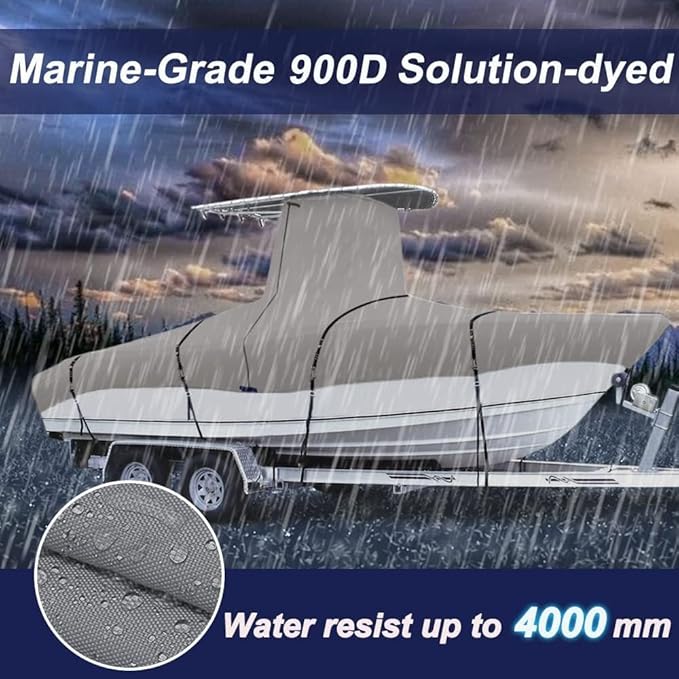 900D Marine Grade Fade and Tear Resistant Trailerable T-Top Boat Cover，Heavy-Duty Waterproof and UV-Proof TTOP Boat Storage Cover with Windproof Metal Buckle Straps Fit 26ft-28ft Long(Gray)