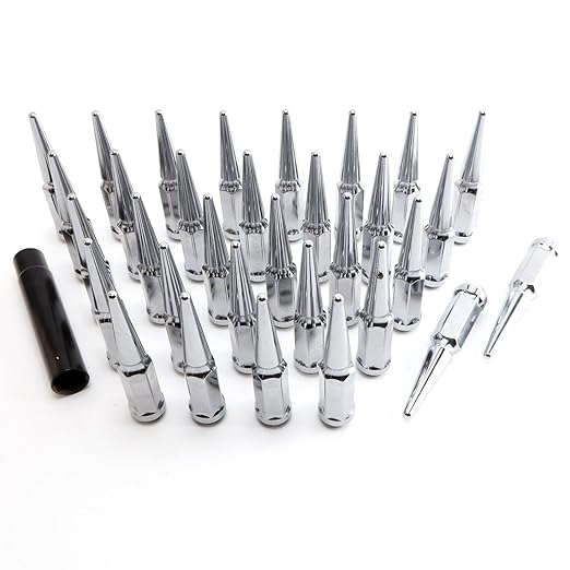 32PCS 9/16-18 Chrome Cone/Conical Bulge Seat Wheel Spike Lug Nuts with 1 Socket Key Compatible with Dodge 2005-2011 Dakota 2004-2009 Durango 2002-2013 Ram 1500 2500 3500 2006-2009 Chrysler Aspen