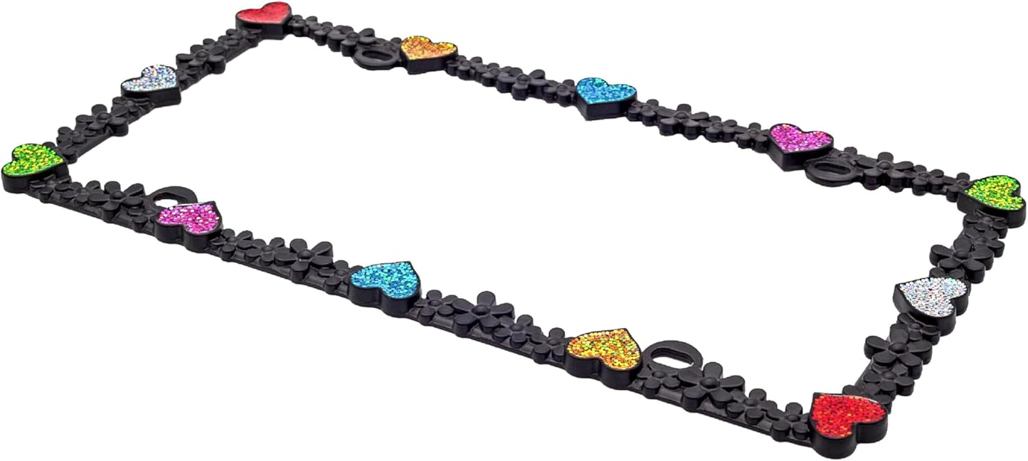 Creathome 3D Shining Daisy Heart License Plate Frame from Pure Zinc Alloy Metal Perfect Plate Holder, Matt Black with Colorful Glitter, Luminously Heart