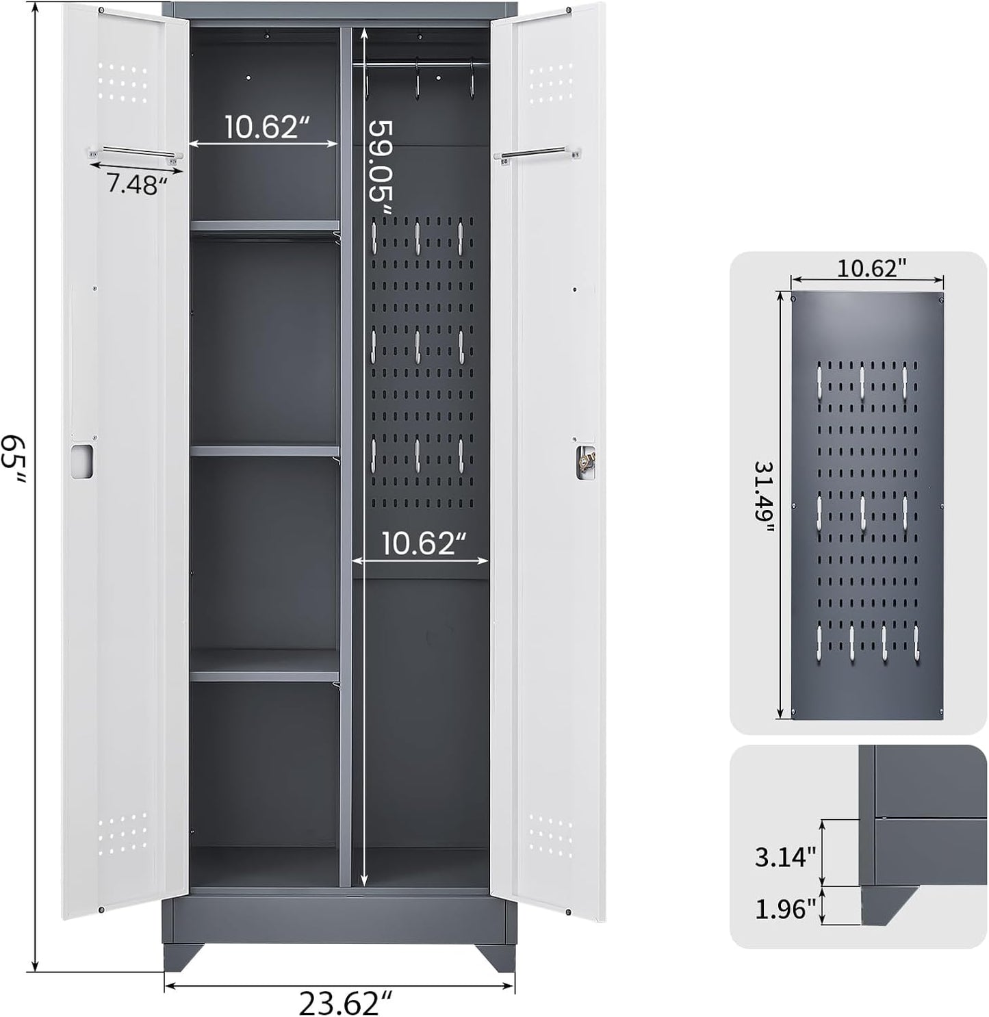 GREATMEET 65" Garage Storage Cabinet, Broom Closet Storage Cabinet, Metal Cabinets with Doors and Shelves, Utility Closet for Brooms and Mops, Utility Cabinets for Storage, Grey&White