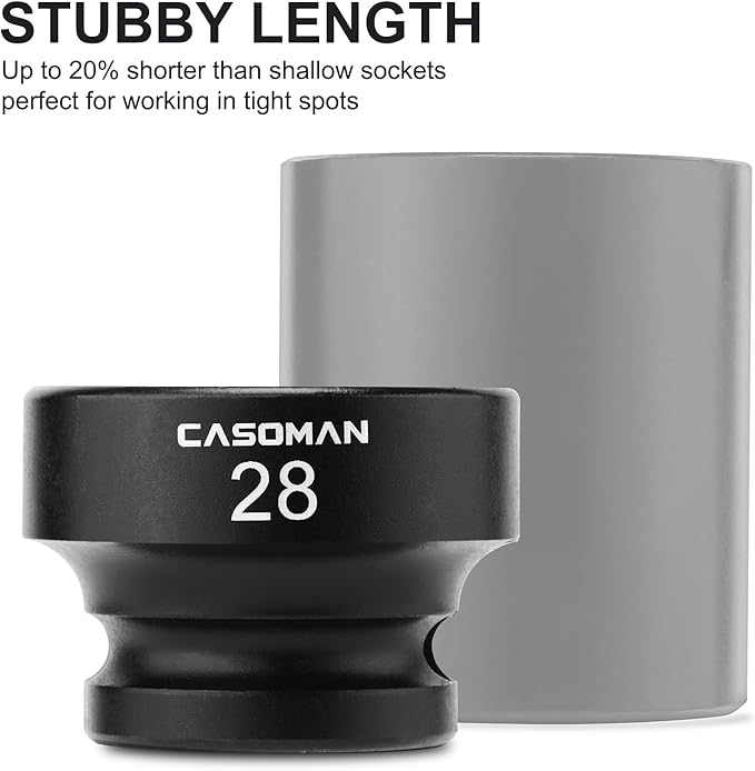 CASOMAN 1/2" Drive 28mm Stubby Impact Socket Set, 6-Point, 1.1" Length, CR-MO, Metric