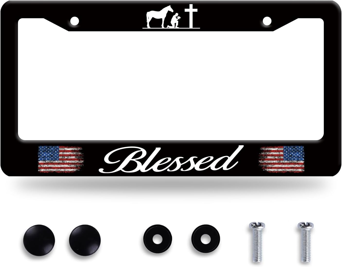 Blessed American Flag License Plate Frame Cross Pray for US License Plate Frames Stainless Steel Accessories Cars Decor with 2 Holes and Screws Fits Standard US CA Vehicles Size 12.2 x 6 Inches