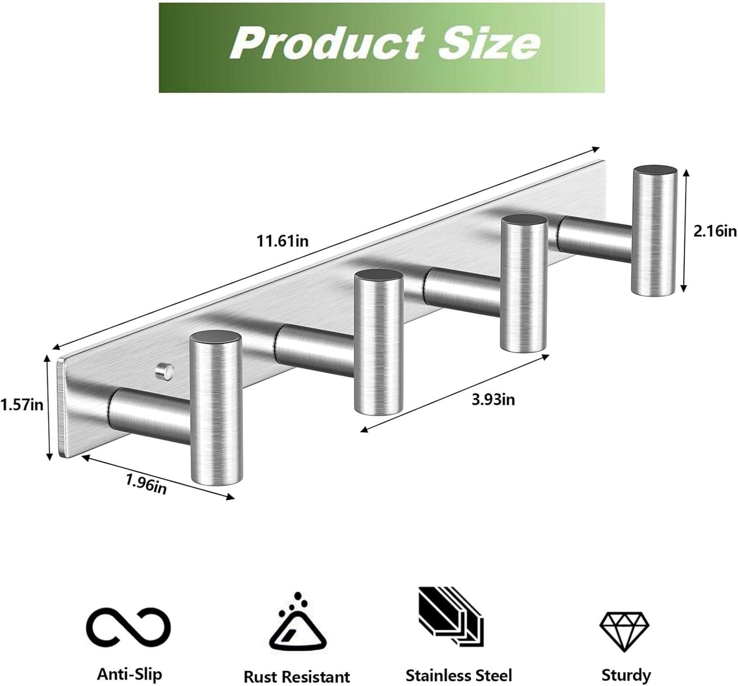 Wall Mounted Coat Rack-4 Hooks, Heavy Duty Stainless Steel Hook Rail for Towel Coat Hat Purse Bag Jacket, Towel Hooks for Entryway Bathroom Kitchen (Silvery 4 Hooks - 1 Pack)