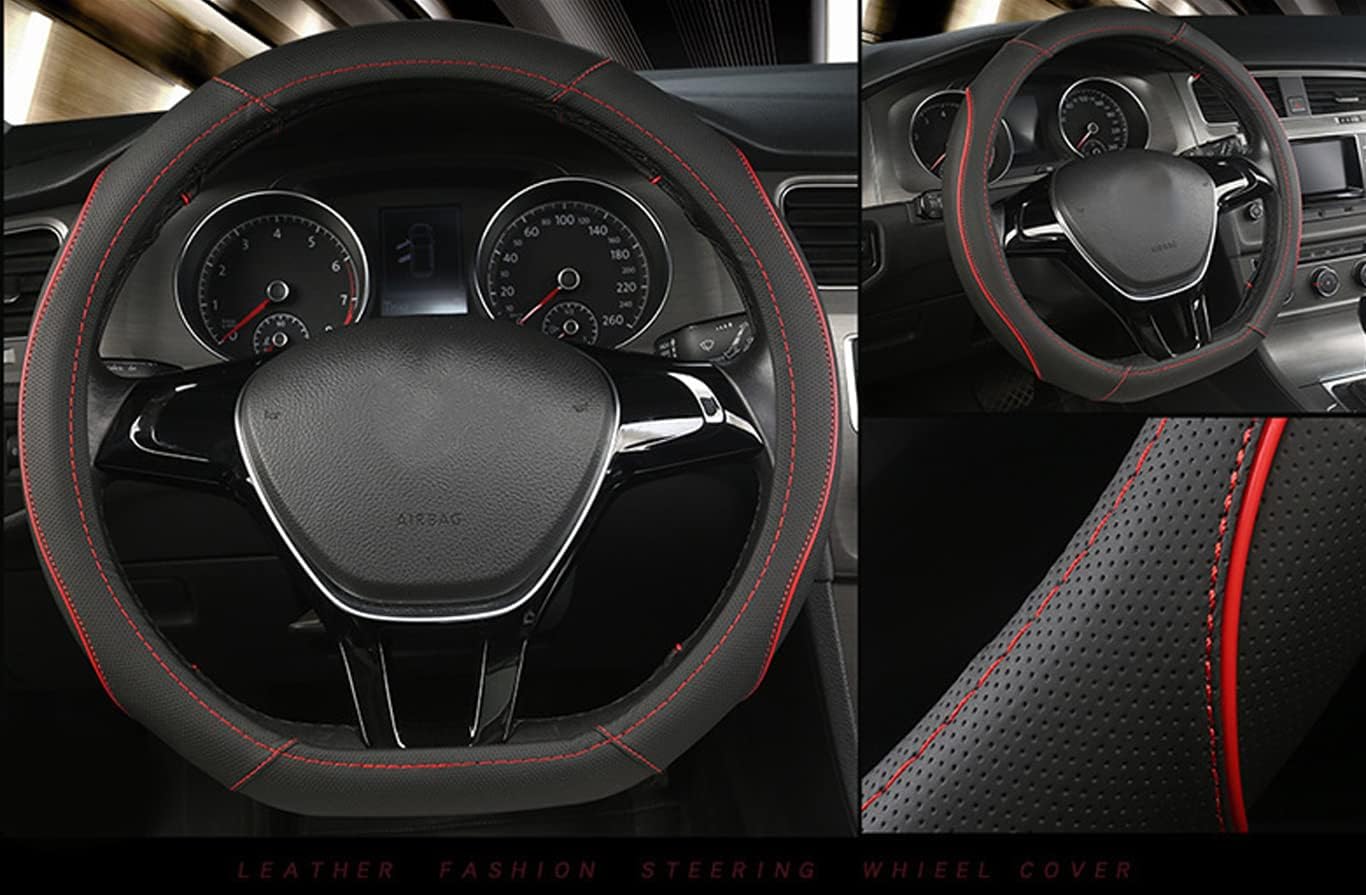 D Shape Car Steering Wheel Cover, Universal 15 inch Stitching Color Anti-Slip Steering Wheel Protector, Red and Black Style (Red and Black D Shape)