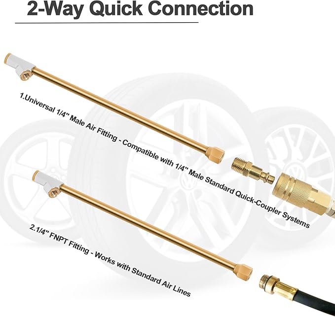 GODESON Air Chuck for Semi Truck, 1/4" FNPT 11.8" Extended Reach Dual Head Brass Air Chuck with Brass Quick Plug, 2-Way Connect Air Chuck for Semi, RV Dually Tires
