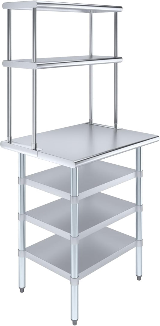Amgood 24" x 30" Stainless Steel Work Table with 3 Shelves and 12" Wide Double Tier Overshelf | Metal Kitchen Prep Table & Shelving Combo | NSF