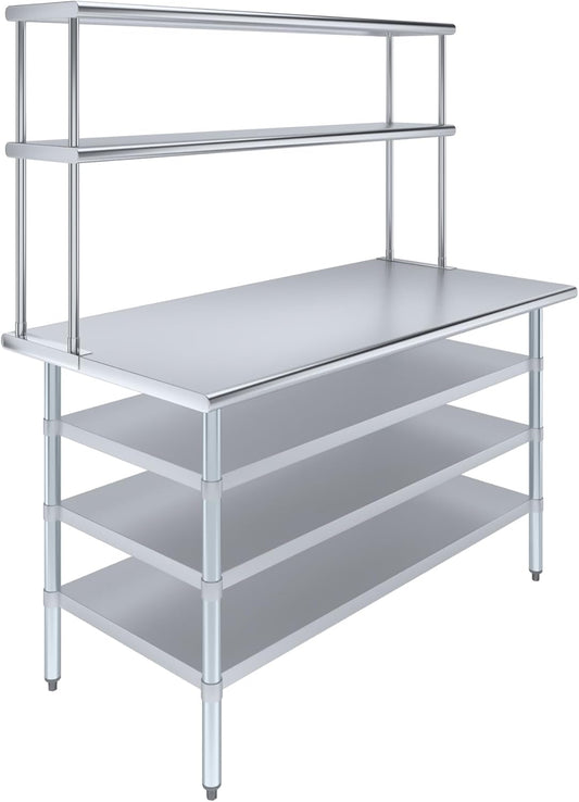 Amgood 30" x 60" Stainless Steel Work Table with 3 Shelves and 18" Wide Double Tier Overshelf | Metal Kitchen Prep Table & Shelving Combo | NSF