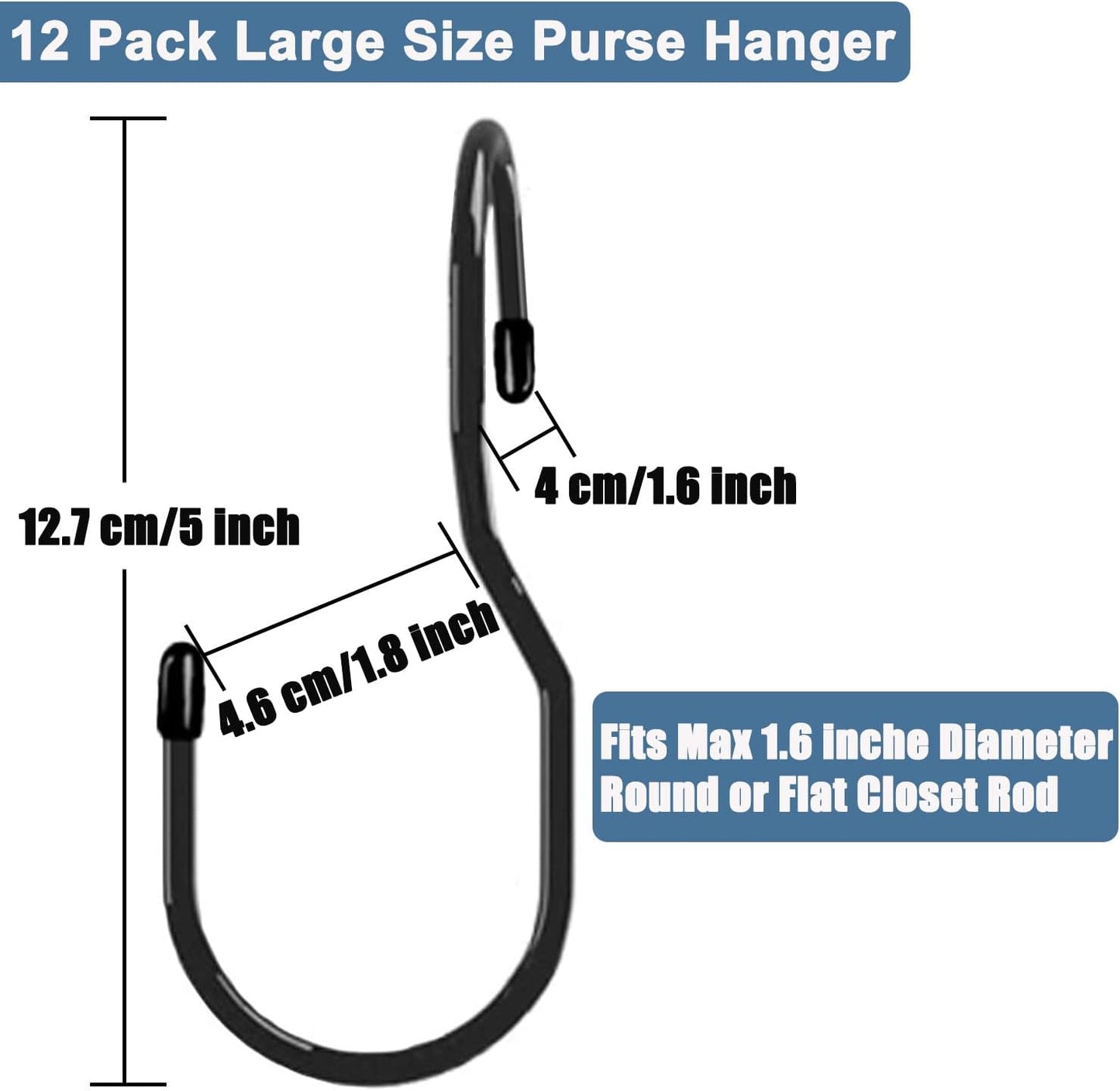Purse Hanger for Closet, Unique Twist Design Bag Hanger Purse Hooks, 5 inch Large Size Closet Rod Hooks for Hanging Bags, Purses, Handbags, Belts, Scarves, Hats,Clothes, Pans and Pots (12 Pack Black)
