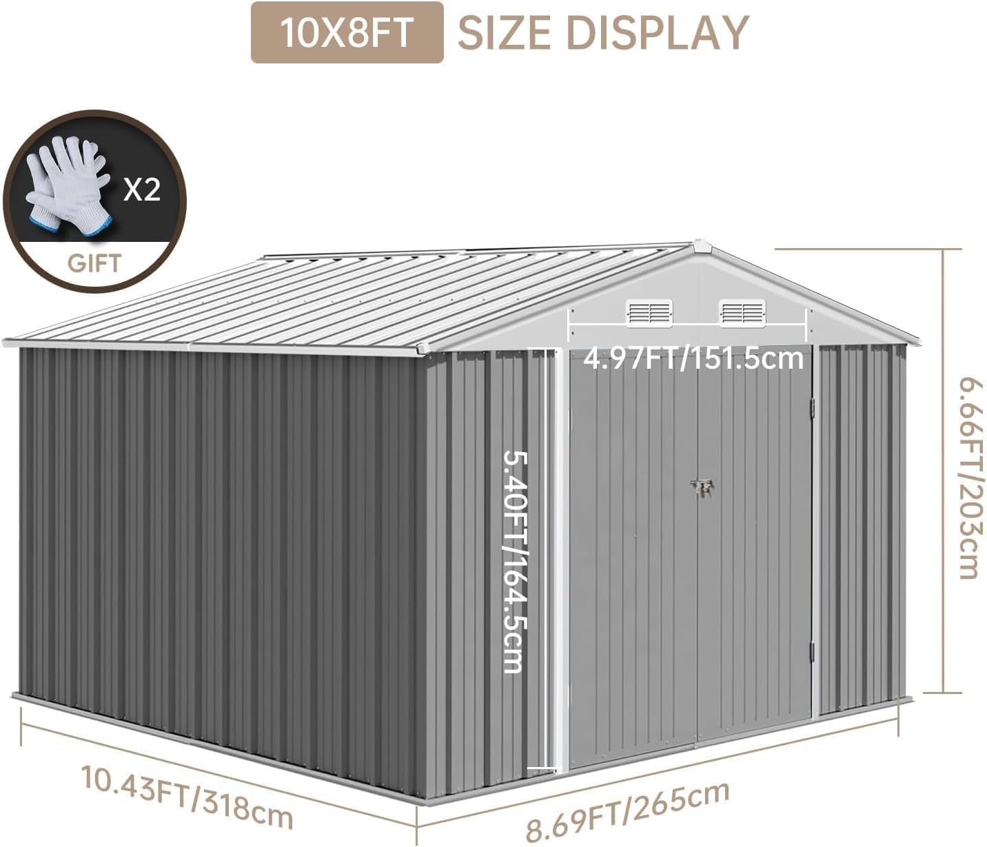 10X12FT Outdoor Metal Storage Shed, Lockable Weatherproof Garden Shed for Tools & Equipment, Durable Galvanized Steel with Sloping Roof & Ventilation, Ideal for Backyard, Patio & Garage Storage, Gray