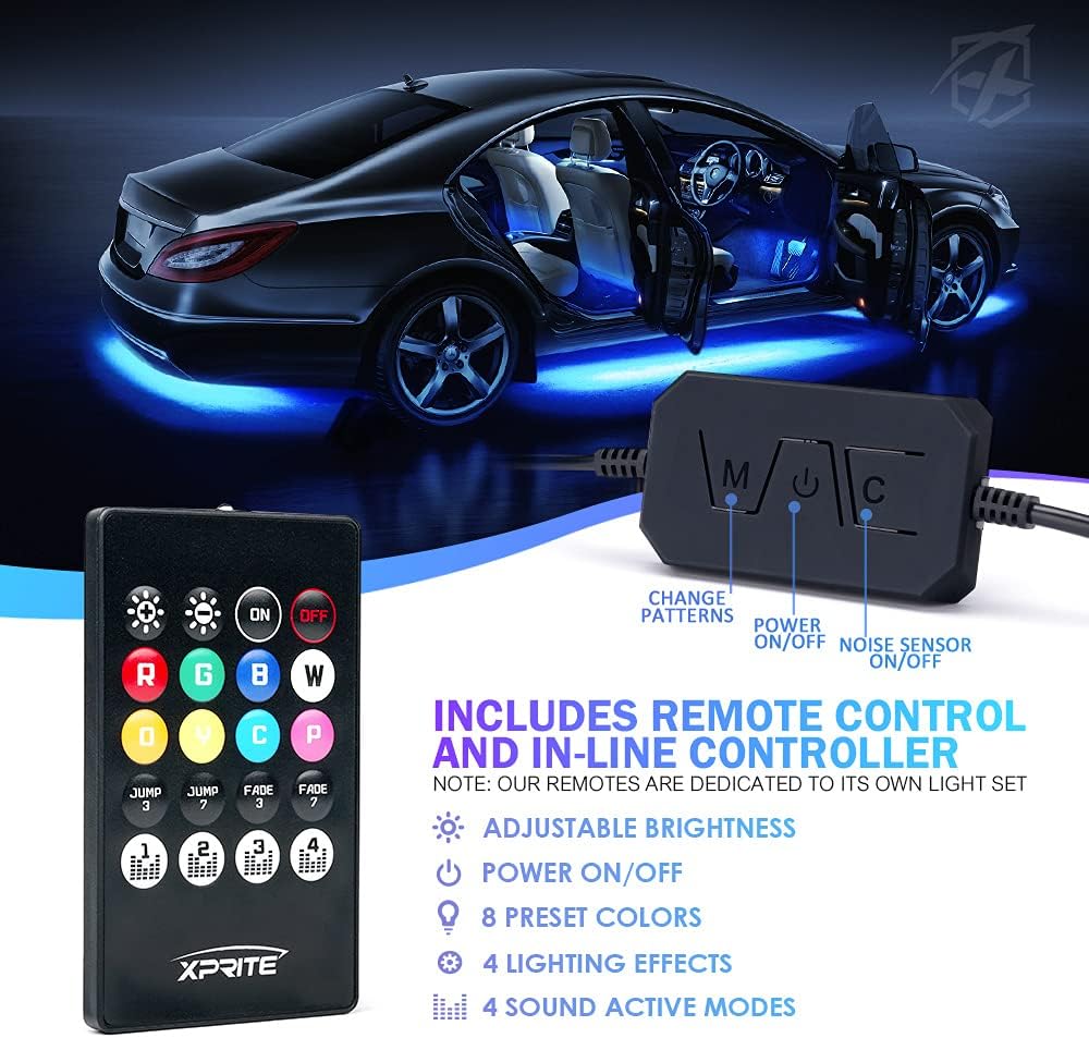 Xprite 8Pcs Car RGB LED Strip Lights, Exterior Underglow & Interior Bluetooth Lights Kit, APP Control & Wireless Remote, Music Sync, Underbody Inside Neon Ambient Lighting Strips for Cars SUV Truck