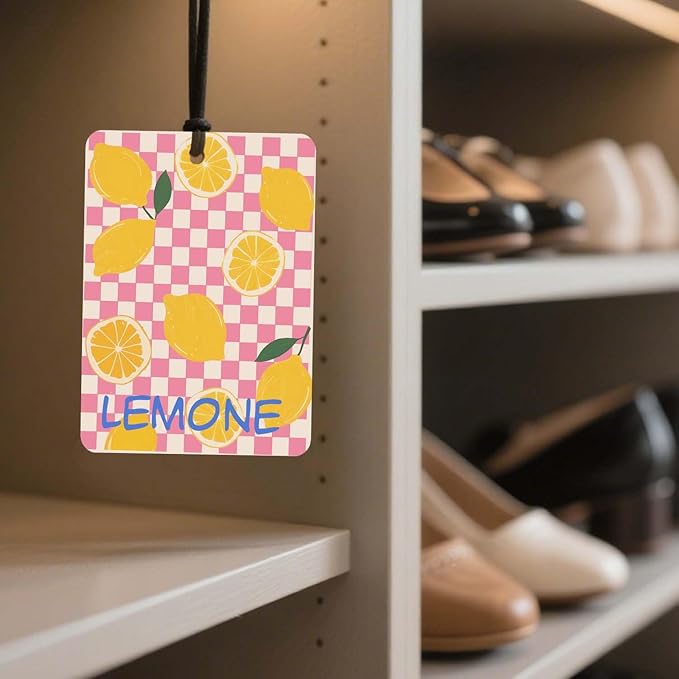 Checkered Fruit Car Air Freshener 4 Pcs, Lemon/Strawberry/Grape/Tomato Hanging Air Freshener for for Cars Closet Drawer Books, Decor for Car Accessories Mirror Decor for women.