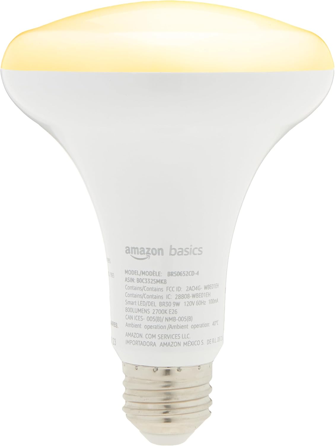 Amazon Basics Smart BR30 LED Light Bulb, Dimmable Soft White (2700K), 9W (60W Equivalent), 800LM, Works with Alexa Only, 2.4 GHz Wi-Fi, No Hub Required, 1 Pack