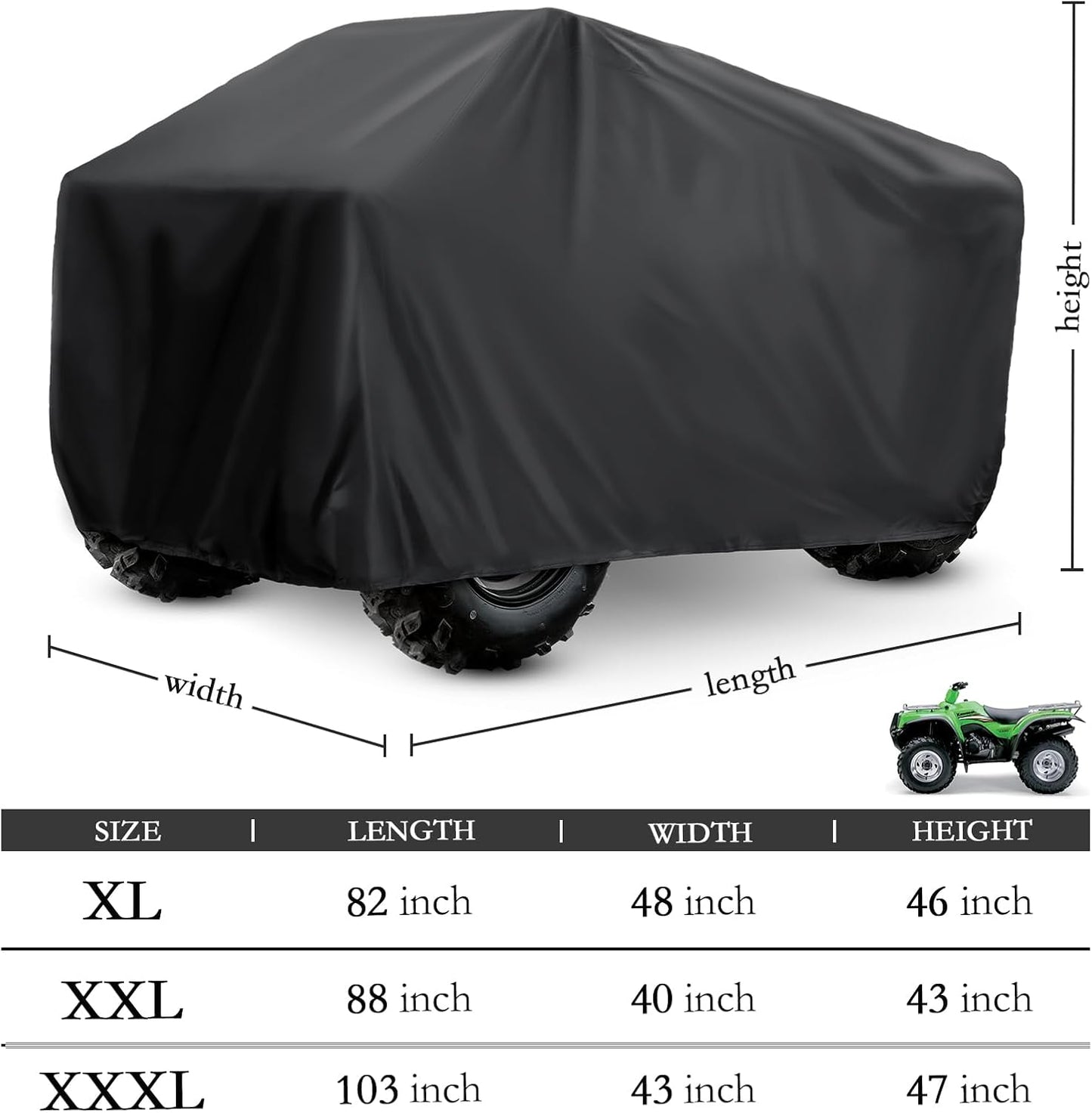XYZCTEM Waterproof ATV Cover, Heavy Duty Black Protects 4 Wheeler from Snow Rain or Sun (Black, 88 inch)
