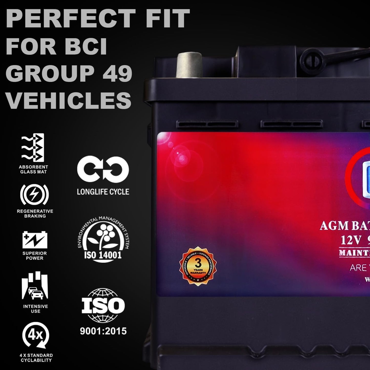 Mighty Max Battery MM-H8 Start and Stop Car BCI Group 49 12V 95Ah, 160RC, 900 CCA Rechargeable AGM Car Battery