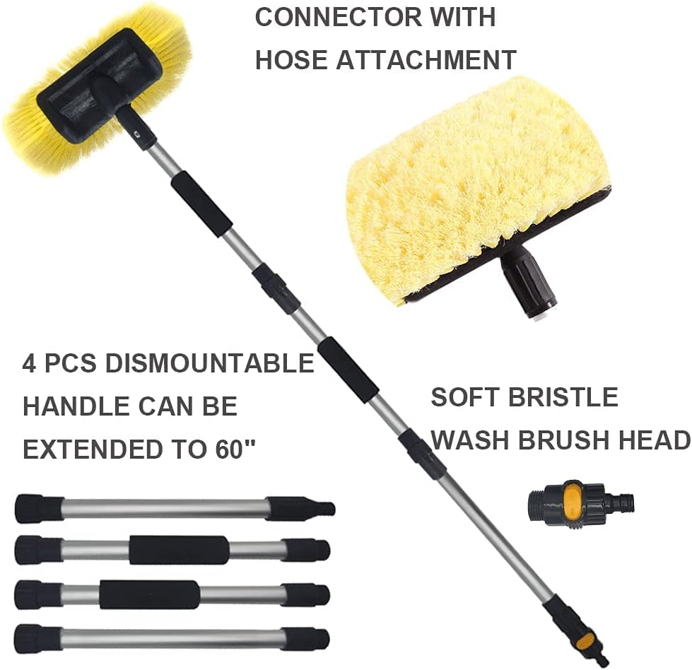 SENGO Car Wash Brush with Long Handle 12'' Lock Soft Bristle Brush car Scrub Brush 60'' Dismountable Pole with on/Off car wash mop Water Flow Through car Brush Clean RV SUV Truck Boat House siding