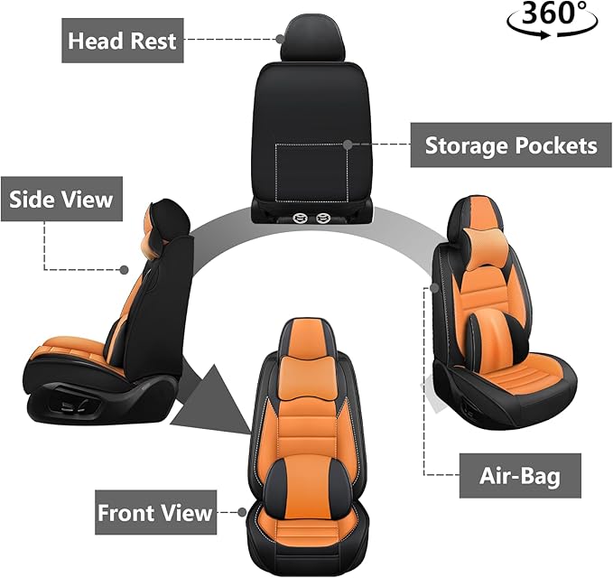 Car Seat Covers for GMC Sierra 1500/2500/3500 Denali SLT AT4 AT4X Base Seat Covers 2008-2025, Waterproof Premium Nappa Leather Seat Protectors(Luxury 2 Seats/Black&Orange)