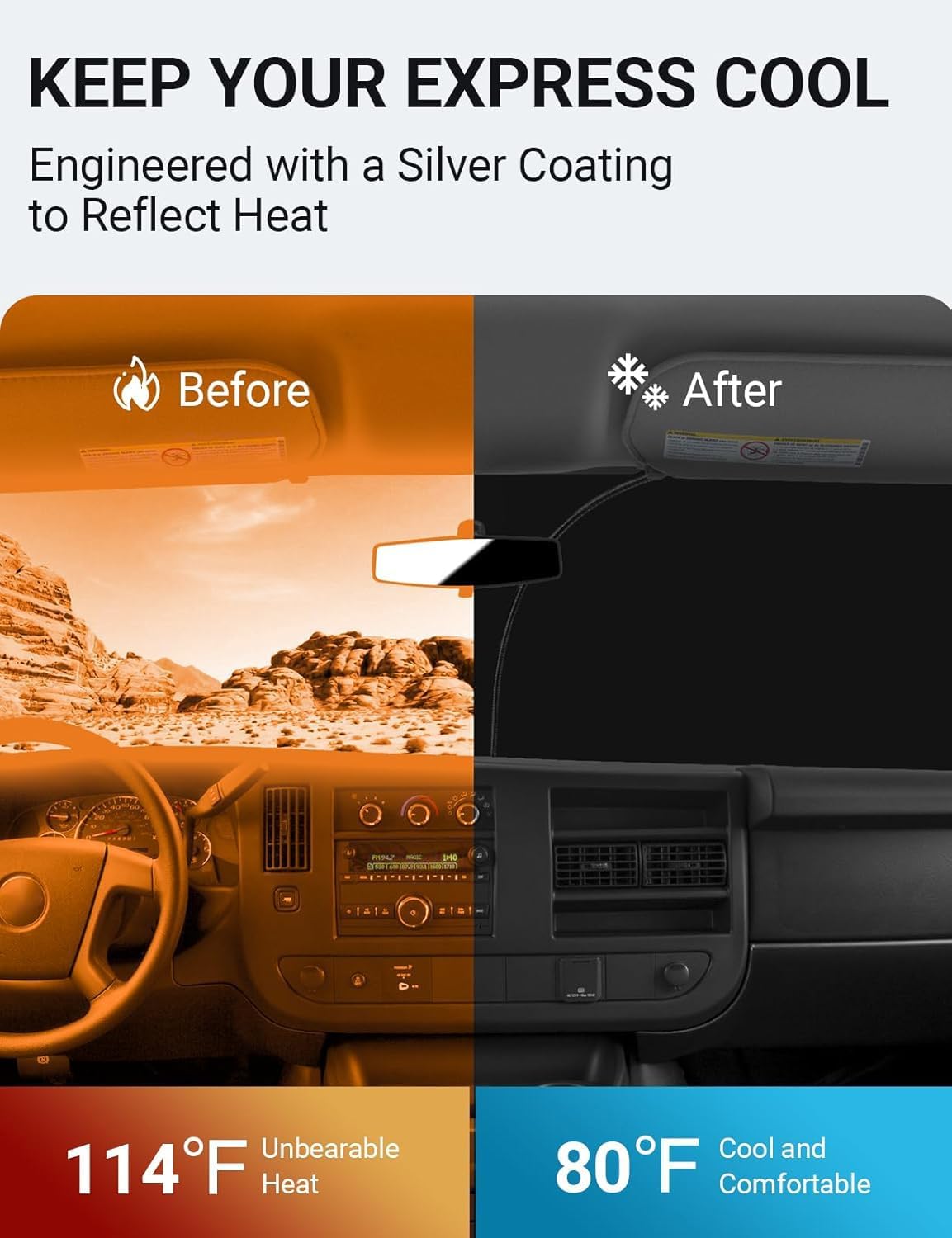 Proadsy for Chevrolet Express Cargo Van 1996-2024 2025 Windshield Sun Shade 4-Layer Foldable Front Sunshade Protector Sun Visor Blocks UV Rays Keep Car Cooler