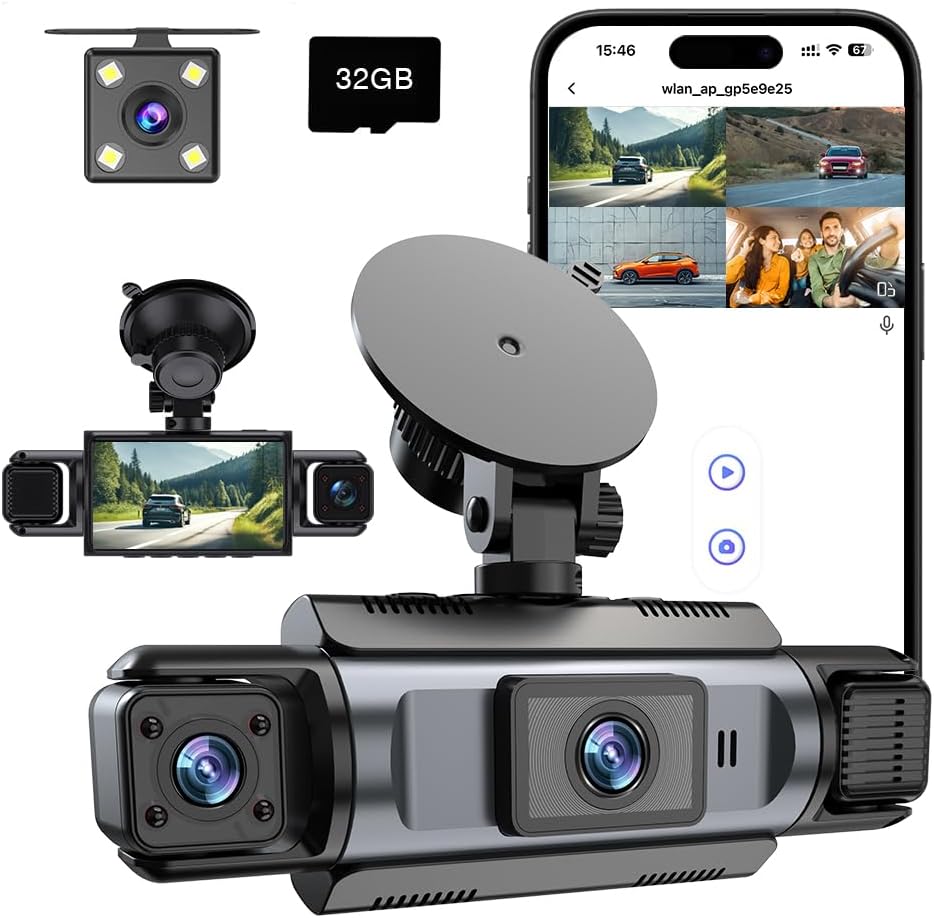 4 Channel WiFi Dash Cam with 32GB Card, 4 * 1080P Dash Camera for Cars Front and Rear Left Right,3”IPS Screen Dashcam with 360° Surveillance APP Control, 24H/7 Parking Mode,Night Vision G-Sensor