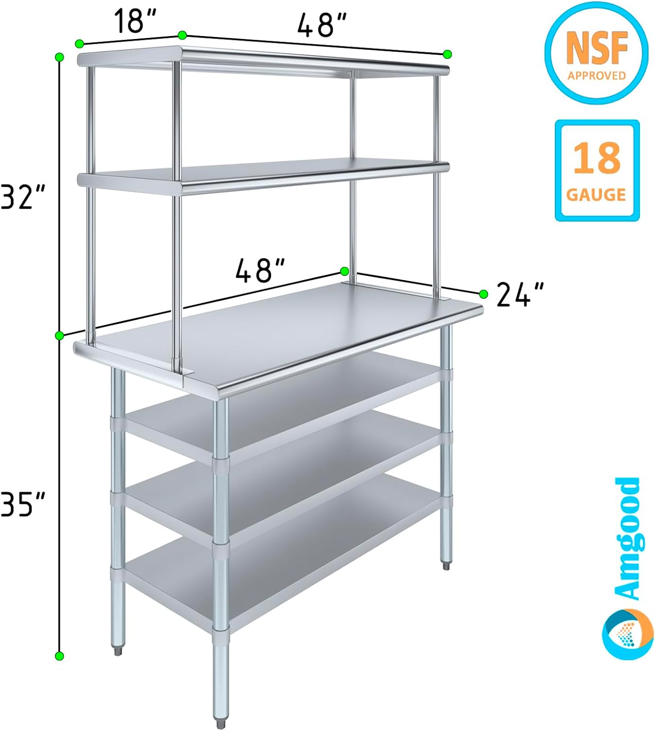 Amgood 24" x 48 Stainless Steel Work Table with 3 Shelves and 18" Wide Double Tier Overshelf | Metal Kitchen Prep Table & Shelving Combo | NSF