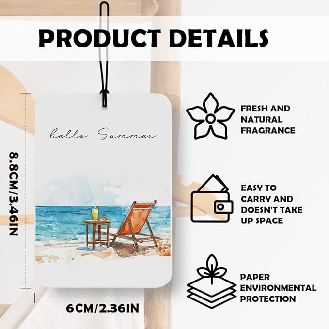 Boho Coastal Beach Car Air Freshener 4 Pcs, Retro Summer Sun Wave Surfboard Beachy Air Freshener Hanging Decor for Cars Closet Drawer Books Accessories Gifts