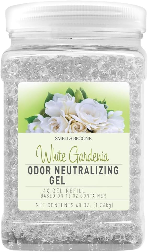SMELLS BEGONE 48 oz Odor Eliminator Gel Refill - Air Freshener - Absorbs & Eliminates Odors in Bathrooms, Basements, Cars, Boats, RVs & Pet Areas - Made with Essential Oils - White Gardenia Scent