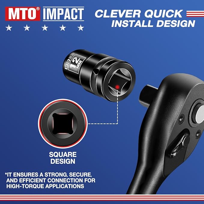 MTO 1/2" Drive 12mm Shallow Impact Socket, 6-Point Metric Socket, CR-MO Steel & Anti-Corrosion Coating for Tight Spaces and Heavy-Duty Tasks