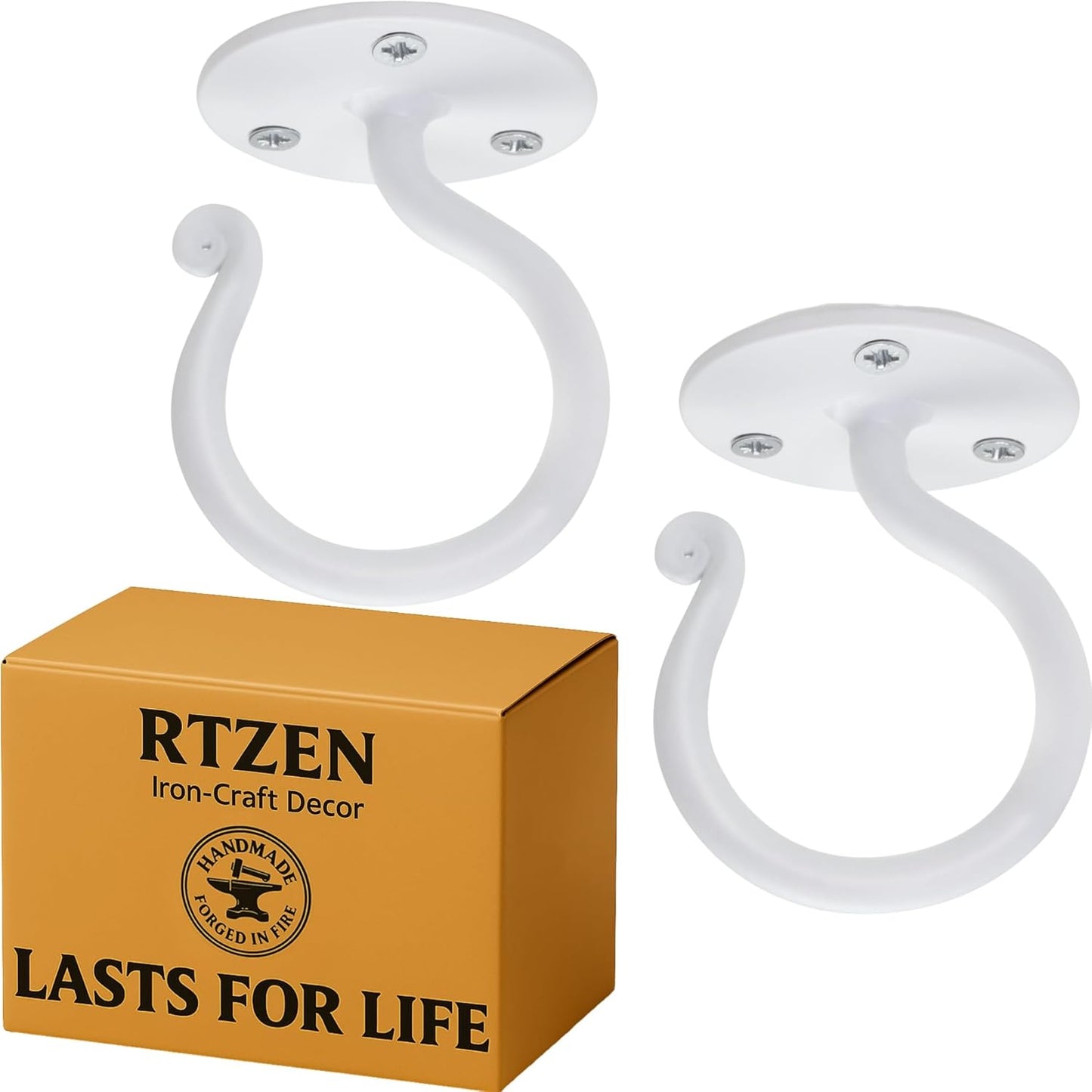 RTZEN Plant Hangers Outdoor or Indoor - Wrought Iron Metal Hanger Indoor Hook - Heavy Duty Wall Bracket Hooks for Hanging Plants Baskets Lanterns Wind Chimes - 2 Pack (Large White Ceiling Hooks)