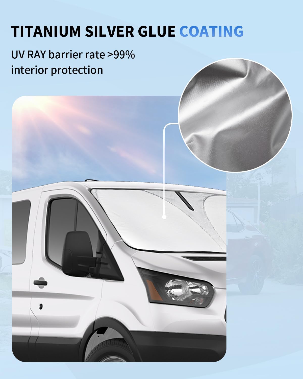 Sunshade for Transit Windshield Sun Shade Custom Sun Visor Fit 2015-2025 2026 Ford Transit Wagon XL Wagon XLT ＆ Van XL Accessories Foldable Double Layer Window Heat Shield Protector Block UV Ray