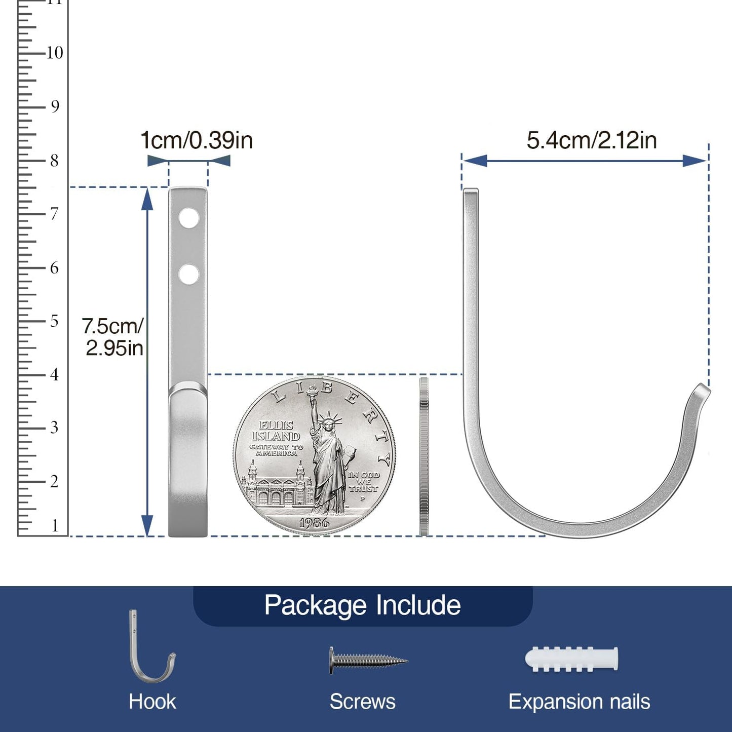 10-Pack Wall Hooks for Hanging Towel/Coat - 22LB Screw in Metal Hanger Wall Mount, for Outdoor, Closet, Door, Bathrooms, for Backpack, Robe, Silver