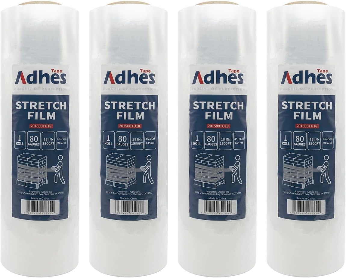 ADHES Heavy Duty Shrink Wrap Roll, 18 Inch x 1500 Feet, 4-Pack Stretch Wrap Stretch Film, 80 Gauge Industrial Strength Plastic Moving Rrap for Pallet Wrap, Furniture Wrapping Moving & Protection