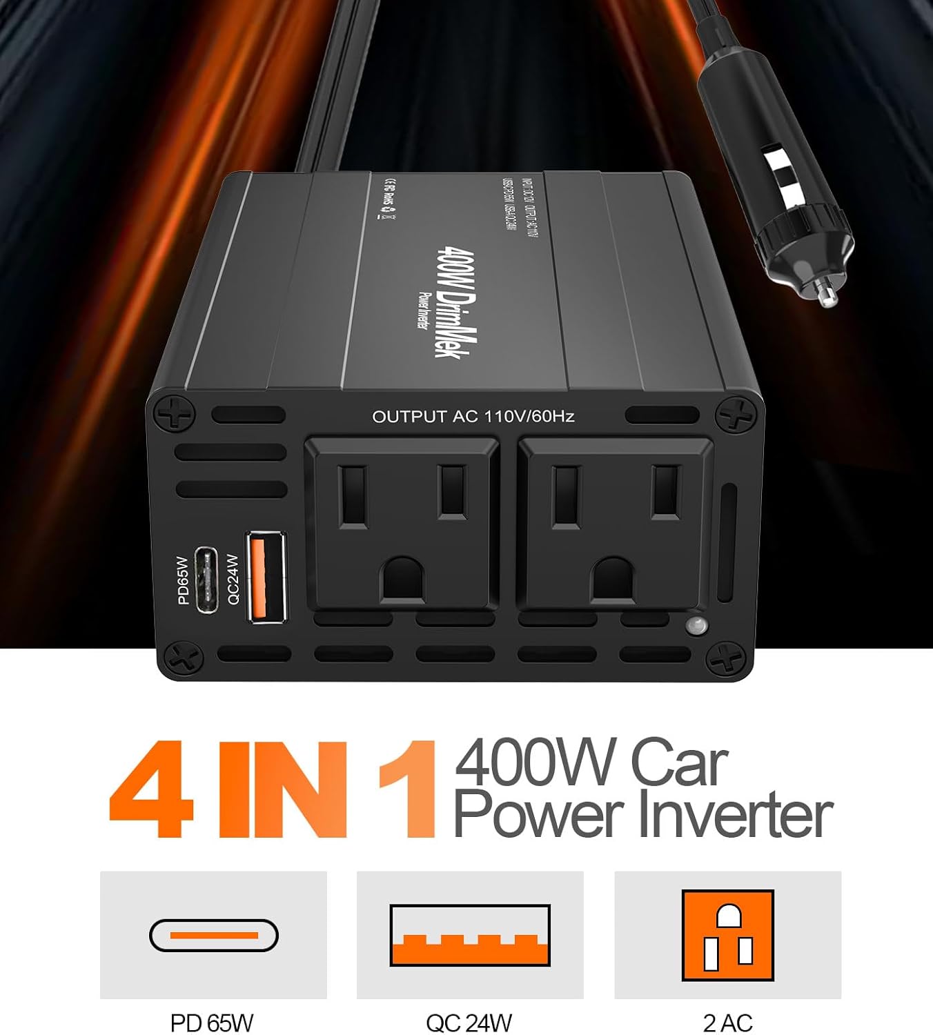 400W Car Power Inverter - Dual DC 12V to 110V AC Car Plug Adapter Outlets, Fast Charging USB C 65W & 24W Port, Power Inverters for Vehicles, Laptop Car Charger, Road Trips