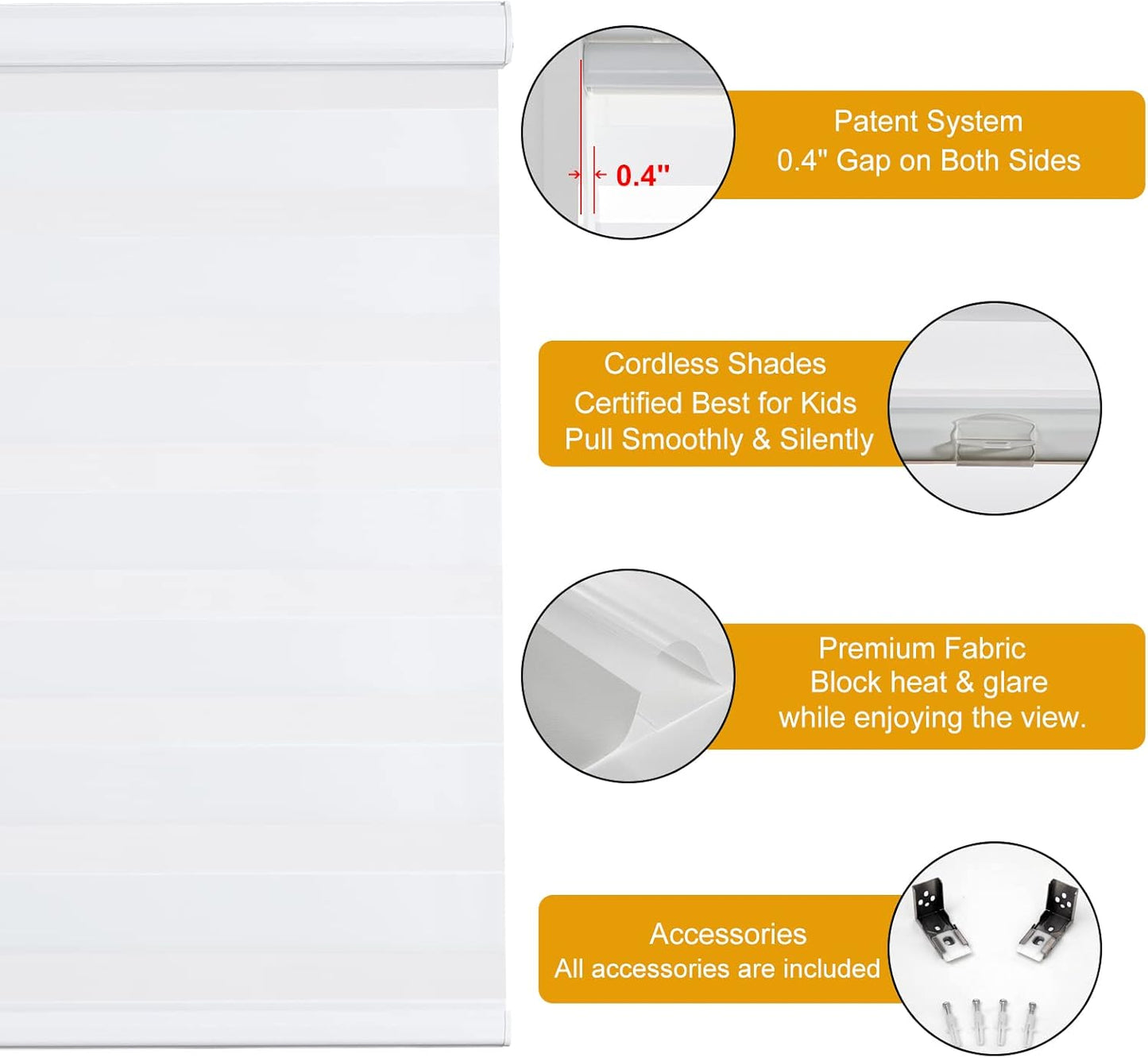 Persilux Cordless Zebra Blinds for Windows Free-Stop Roller Shades (30" W X 64" H, White) Dual Layer Light Cintrol for Day and Night, Light Filtering Sheer Shades for Home, Easy to Install