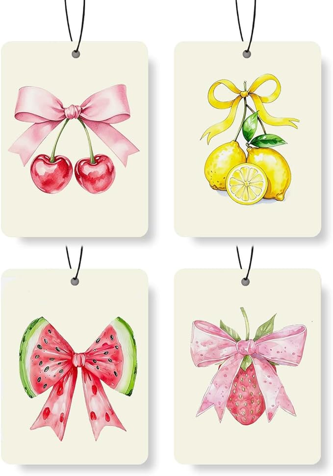 Watercolor Fruit & Bow Car Air Freshener 4 Pcs, Cute Fruit- Themed Hanging Air Freshener for Cars Closet Drawer Books, Car Accessories Mirror Decor for women.